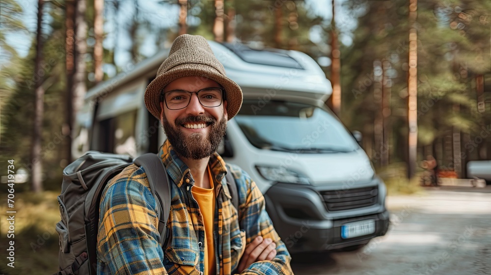 Happy man takes a selfie in the woods, with a van behind him, vanlife concept. Happy man takes a selfie in the woods, with a van behind him, vanlife concept.