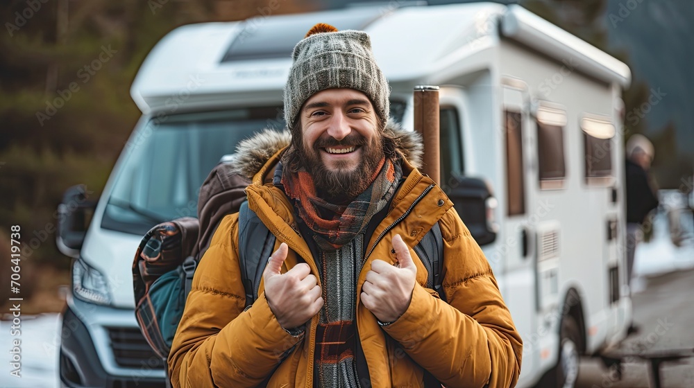 Happy man takes a selfie in the woods, with a van behind him, vanlife concept.	