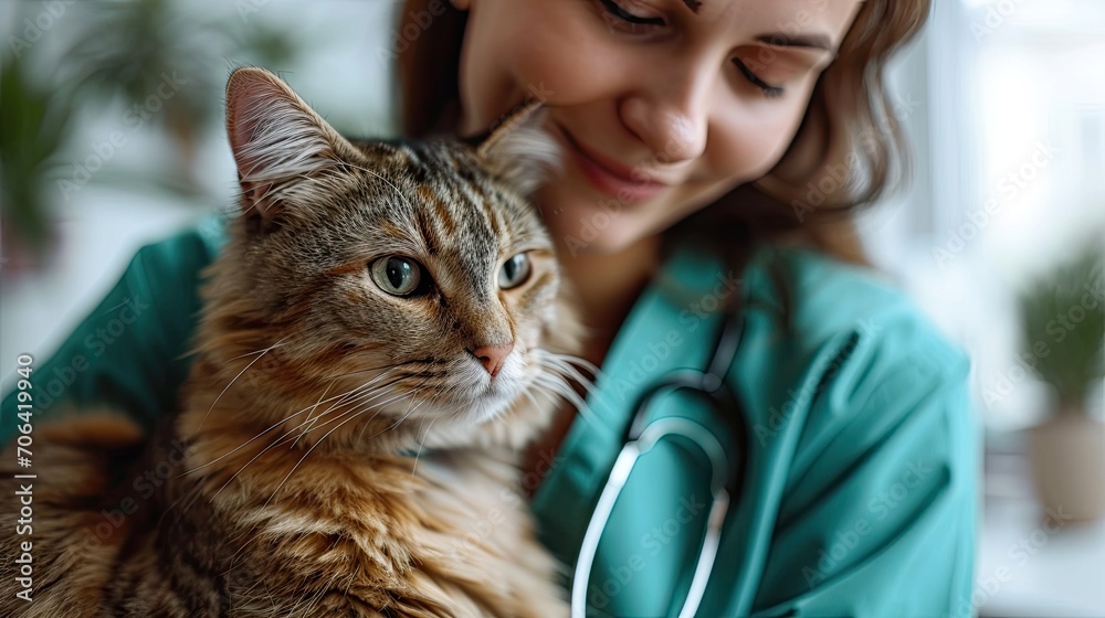 Veterinarian woman hugs a cute kitten.