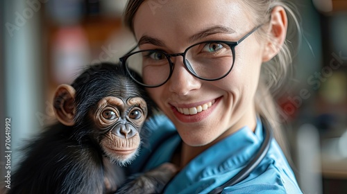 Veterinary woman hugs a baby chimpanzee photo