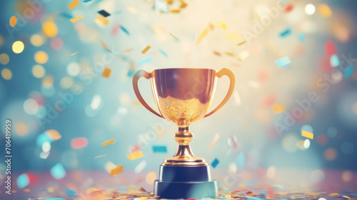 A shimmering golden trophy cup highlighted against a celebration background with vibrant confetti.