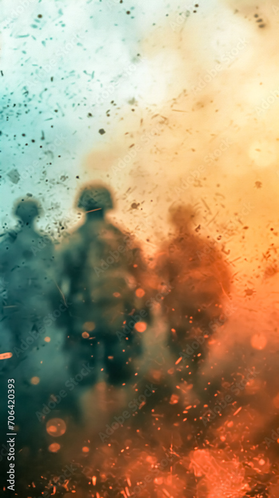 war soldiers, intense and emotive scene with blurred silhouettes of people amidst what appears to be a chaotic atmosphere, enhanced by a fiery color palette that could suggest urgency or conflict