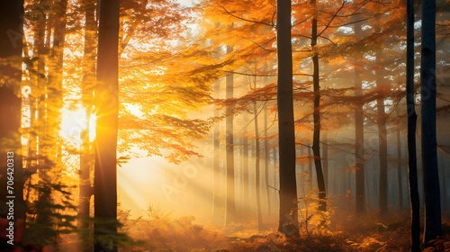 Panoramic view of autumn forest at sunrise. Beauty in nature.