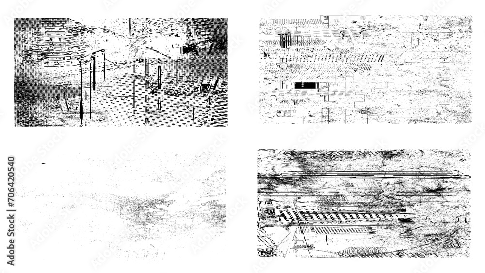 Set of 4 Grunge Distress Vector Textures - Black and White Backgrounds with Splatter, Scratch and Stain Effects