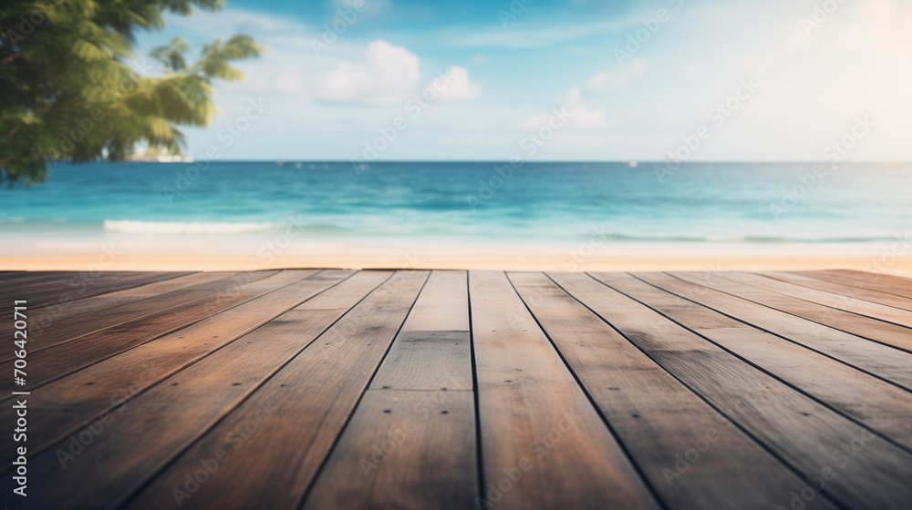 beach with wooden floor, empty wooden table, Blurred sea background with wood resort deck floor foreground, Ai generated image