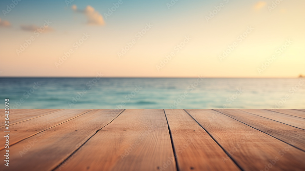 wooden pier on the sea, empty wooden table, Blurred sea background with wood resort deck floor foreground, Ai generated image