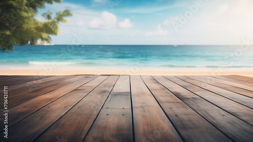 beach with wooden floor, empty wooden table, Blurred sea background with wood resort deck floor foreground, Ai generated image