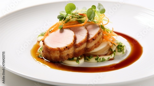 a perfectly roasted pork loin, its crackling skin and succulent interior presented against the simplicity of a pristine white background, inviting culinary appreciation.