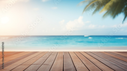 wooden table and sea, empty wooden table, Blurred sea background with wood resort deck floor foreground, Ai generated image