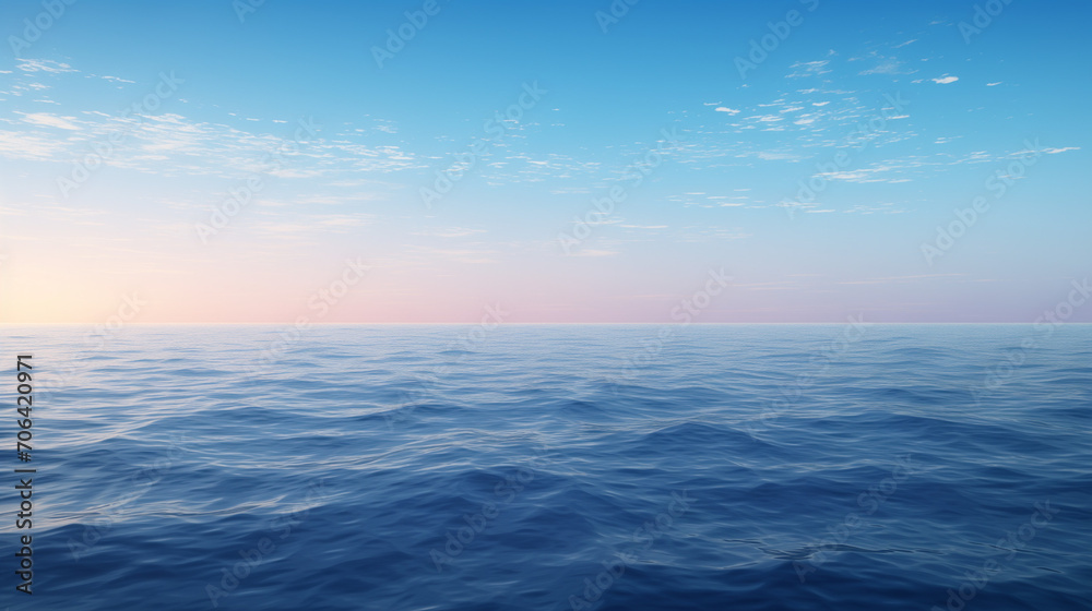 blue sky and sea, Pre-dawn hour on the sea. Gently pink sunset, Calm sea surface. Seascape in early morning hours under clear skies, Ai generated image 