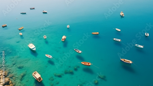 boat on the beach, Boats from air. Aerial view on sea in Turkey. Summer seascape with clear water in sunny day. Top view of boats from drone. Summer seascape from air, Ai generated image