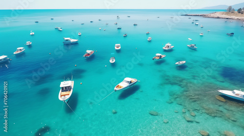 boats on the beach,  Boats from air. Aerial view on sea in Turkey. Summer seascape with clear water in sunny day. Top view of boats from drone. Summer seascape from air, Ai generated image © PixxStudio