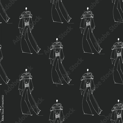 Hand Drawn Fashion Designer Illustration Seamless Pattern.Fashion Model Illustration, Stylish Sketch.Hand drawn outfit look.Fashion Designer Style. Placement Print. t