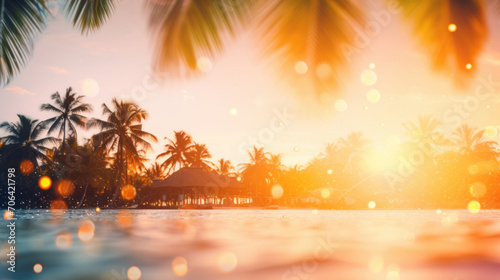 A picturesque view of a tropical beach resort with palm trees against a golden sunset sky, creating a dreamy vacation backdrop.