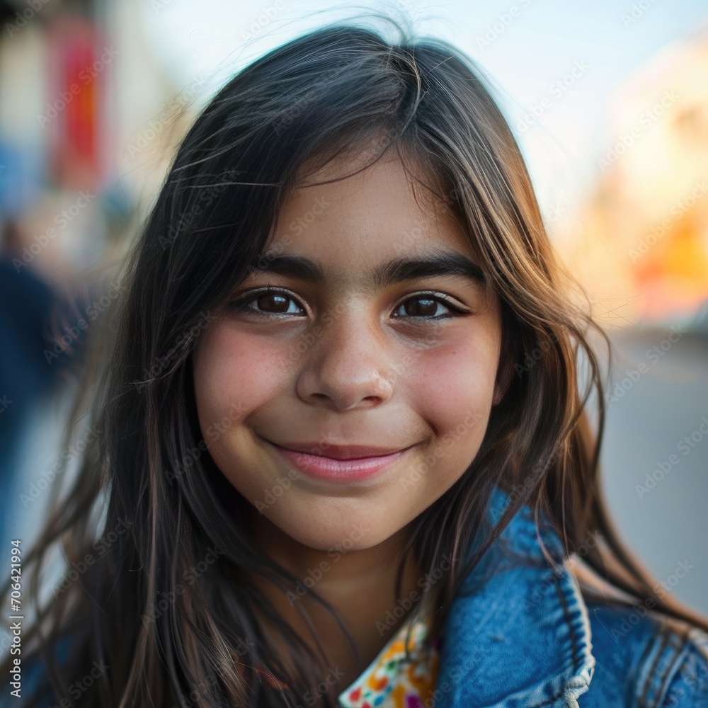 A close-up portrait of young hispanic woman with dark hair smiling gently with a vibrant street mural backdrop, blurry city background, model photoshoot