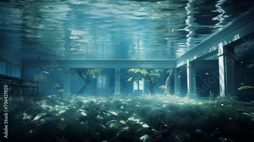 old abandoned building  Swimming pool from underwater  Ai generated image 