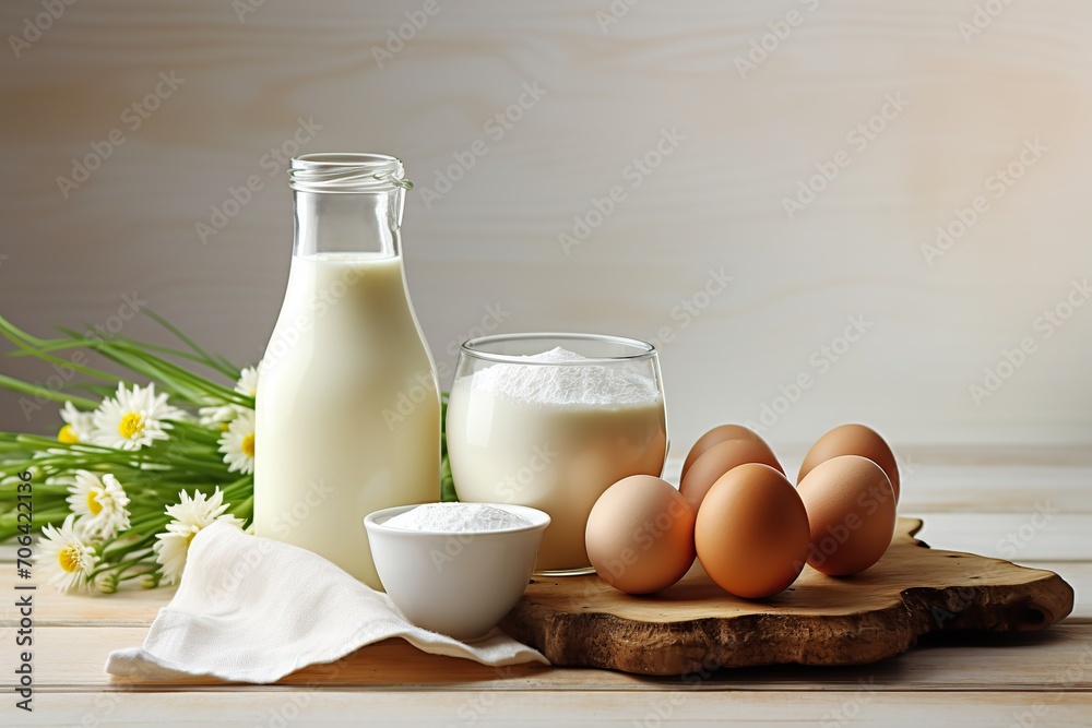 Fresh dairy products on wooden background Fresh dairy products on wooden background