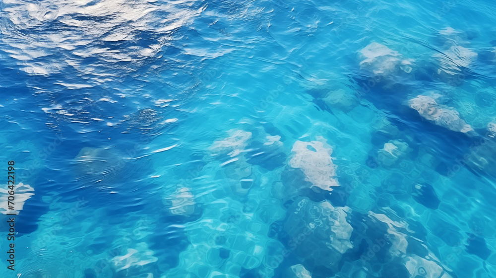 underwater view of a swimming pool, Top view Blue ripped sea water as swimming pool. Crystal clear ocean lagoon bay turquoise blue azure water surface, closeup natural environment. Ai