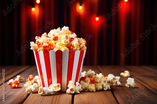 Paper cup with popcorn on wooden background