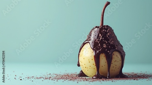 Food photography, poached pear with chocolate sauce dripping, pastel turquoise background. Modern hi fashion cuisine photo