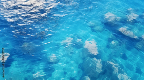 underwater view of a swimming pool, Top view Blue ripped sea water as swimming pool. Crystal clear ocean lagoon bay turquoise blue azure water surface, closeup natural environment. Ai