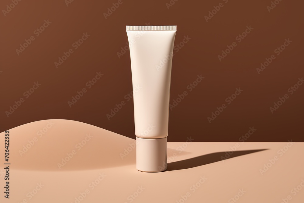 White plastic tube on beige background White plastic tube on beige background