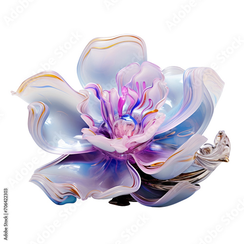 holographic abstract flower in blue and pink colors. Beautiful glass flower. 3D illustration of a flower made of crystal glass. transparent background