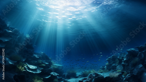 underwater view of a reef with fishes, Underwater background deep blue sea and beautiful underwater, Crystal clear ocean lagoon bay turquoise blue azure water surface, closeup natural environment. Ai