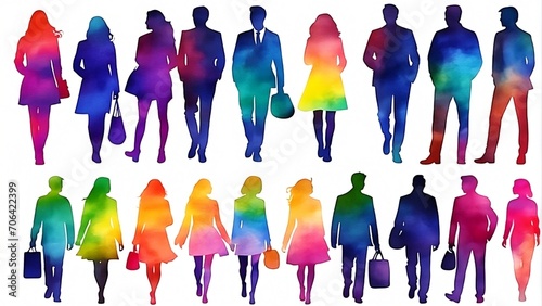 silhouettes of people walking in different colors illustration 