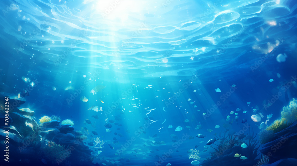 underwater scene with bubbles, Underwater background deep blue sea and beautiful underwater, Ai generated image