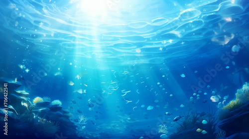 underwater scene with bubbles, Underwater background deep blue sea and beautiful underwater, Ai generated image © PixxStudio