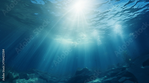underwater scene with rays of light and sun, Underwater Sea - Deep Water Abyss With Blue Sun light, Ai generated image