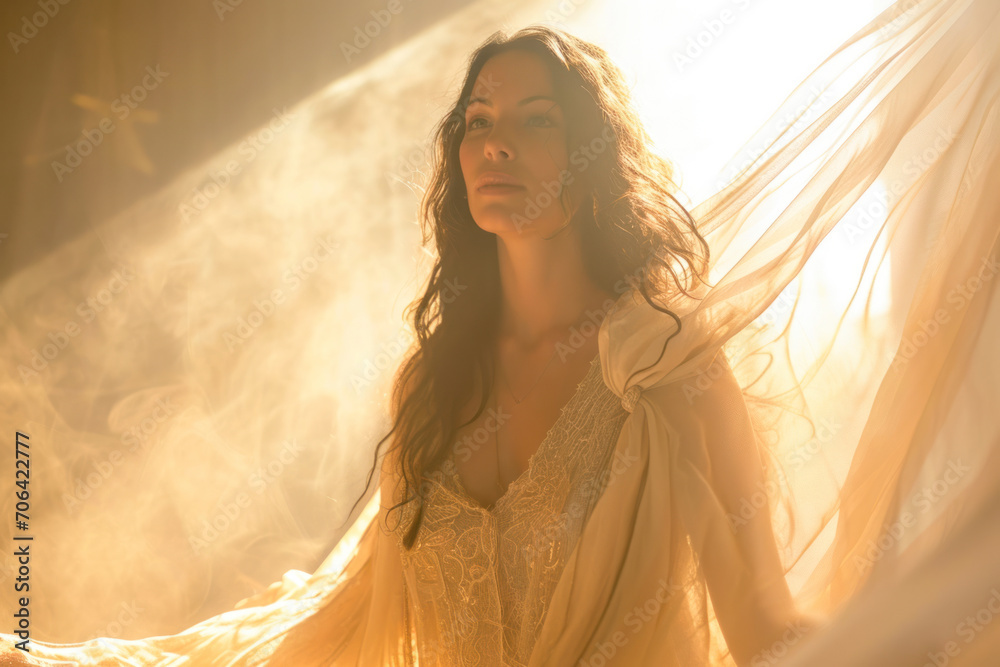 Bohemian artist in natural light, a full-height portrait of a bohemian-inspired woman in flowing attire.