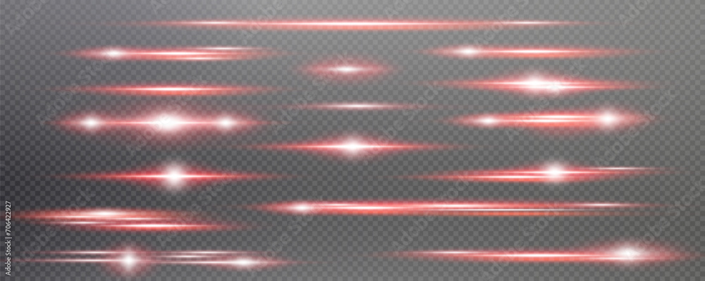 Set of realistic vector red stars png. Set of vector suns png. Red flares with highlights. Horizontal light lines, laser, flash. - obrazy, fototapety, plakaty 