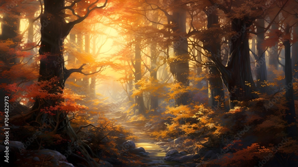 Digital painting of a forest in autumn colors with fog and sunbeams