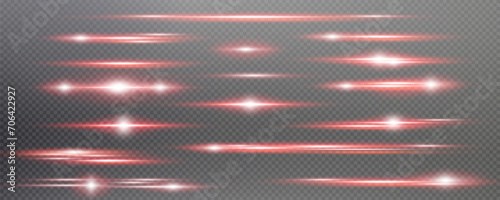Set of realistic vector red stars png. Set of vector suns png. Red flares with highlights. Horizontal light lines, laser, flash. photo