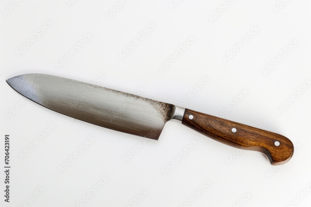 A knife with a wooden handle placed on a clean white surface. Suitable for kitchen utensil, cooking, or culinary concept A knife with a wooden handle placed on a clean white surface. Suitable for kitchen utensil, cooking, or culinary concept