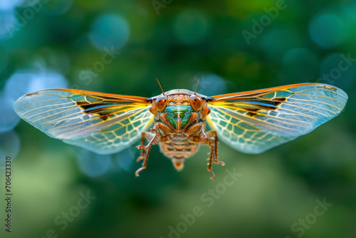 Cicada in flight, a dynamic image capturing the fast and agile movement of a cicada in mid-flight.
