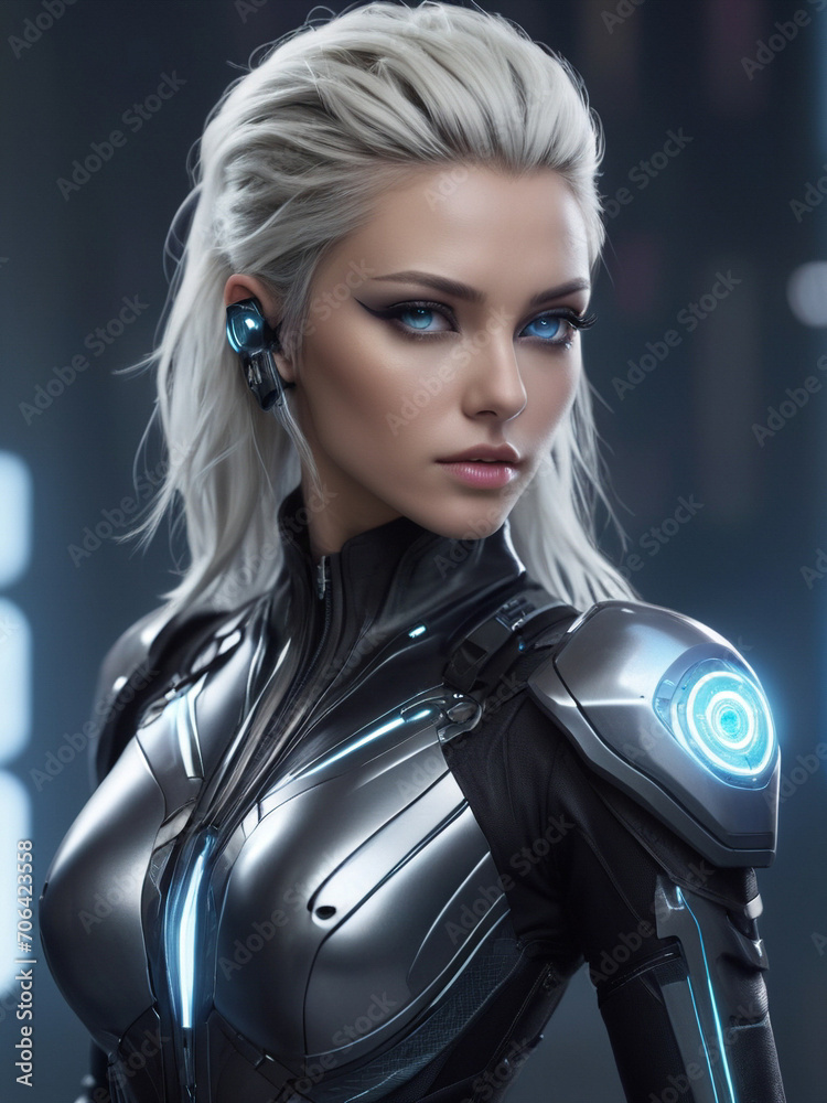 photography of a Sexy Goddess of Thunder in a high-tech suit, futuristic cyberpunk style. ai generative