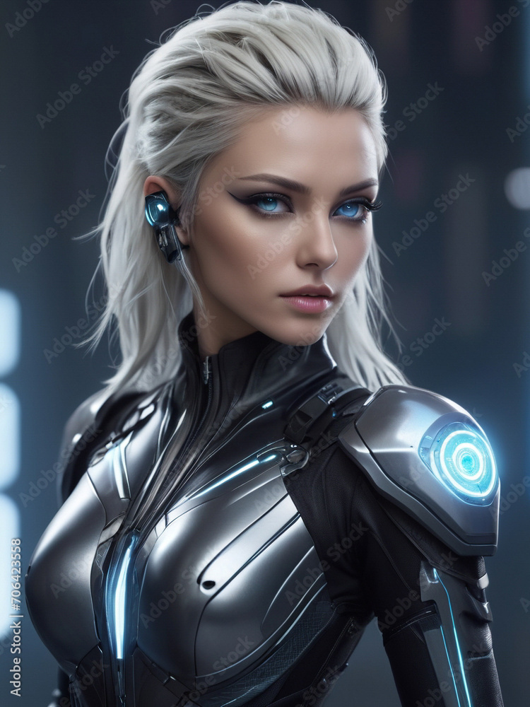 Naklejka premium photography of a Sexy Goddess of Thunder in a high-tech suit, futuristic cyberpunk style. ai generative