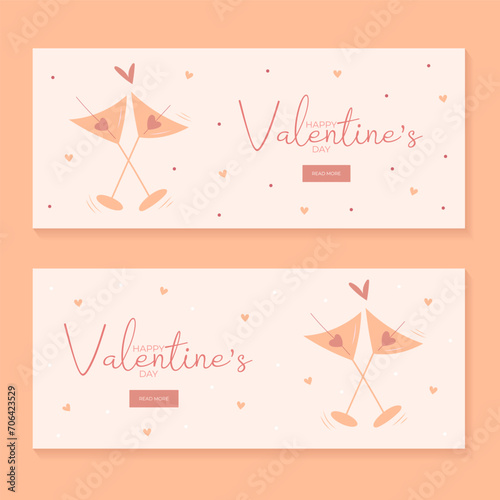 Set of hand draw banners with two glasses of martini, hearts for Valentine's day. Happy Valentine's day and button read more. Peach fuzz, red, brow and pink colors.Cartoon style.Vector illustration
