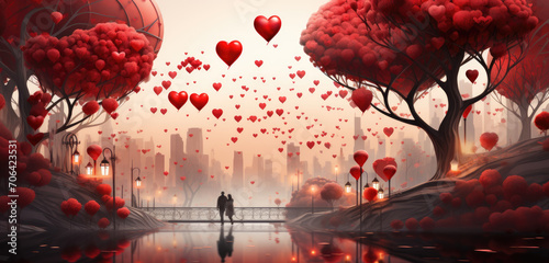 Fantasy landscape on 14th February, Saint Valentine's day with trees with heart-shaped crowns, river, bridge, city and lots heart shaped air balloons flying. Card, template and greeting