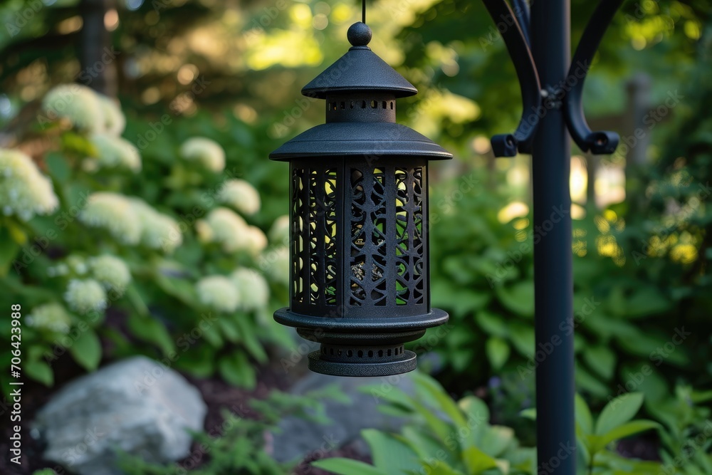Matte black metal bird feeder on a dark garden pole