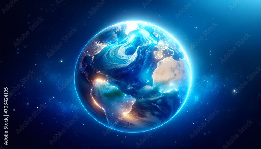 Globe Terrestre flottant dans l'espace bleu idéal pour articles sur le climat, la terre, l’environnement, la technologie, l'écologie, l'espace, l'univers