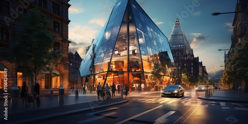 Canvas Print Modern glass building on the city street at sunset