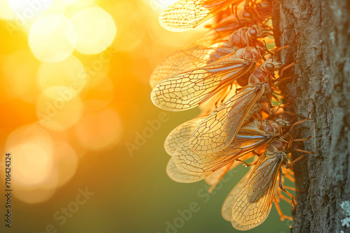 Cicada symphony at sunset, a mesmerizing image capturing a group of cicadas in the warm glow of the sunset. photo