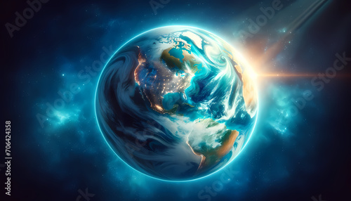 Globe Terrestre flottant dans l'espace bleu idéal pour articles sur le changement climatique, émissions de gaz a effet de serre, la terre, l’environnement, l'écologie, l'espace, l'univers photo