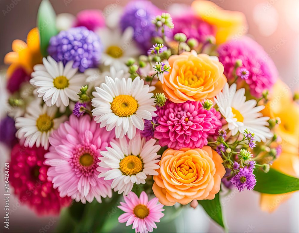 Bouquet of beautiful colorful gerbera flowers in vase on white marble table against light blue background. Space for text Bouquet of beautiful colorful gerbera flowers in vase on white marble table against light blue background. Space for text