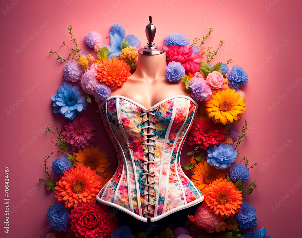 Women's floral print corset decorated with fresh summer flowers. Modern fashionable style of clothing
