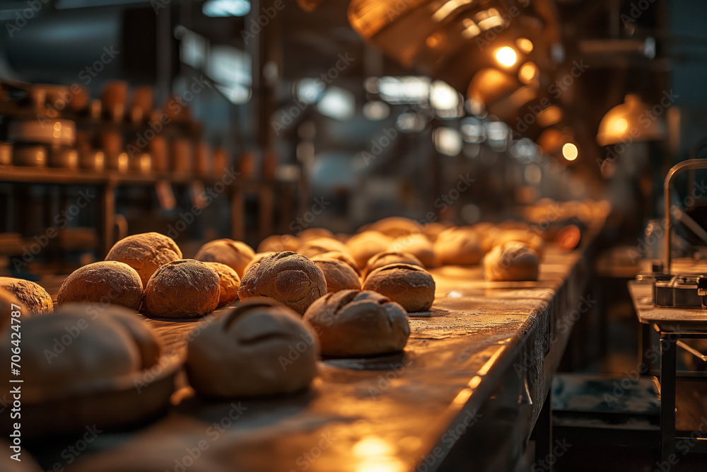 Conveyor belt with loaves of bread at the bakery.